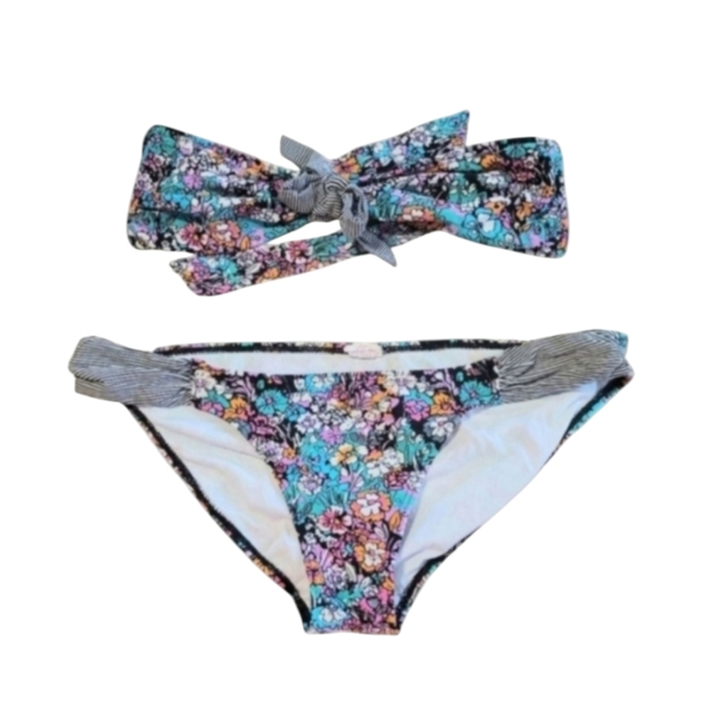 Xhilaration Teal Back Orange Floral Bikini With Striped Bows Size Medium Large